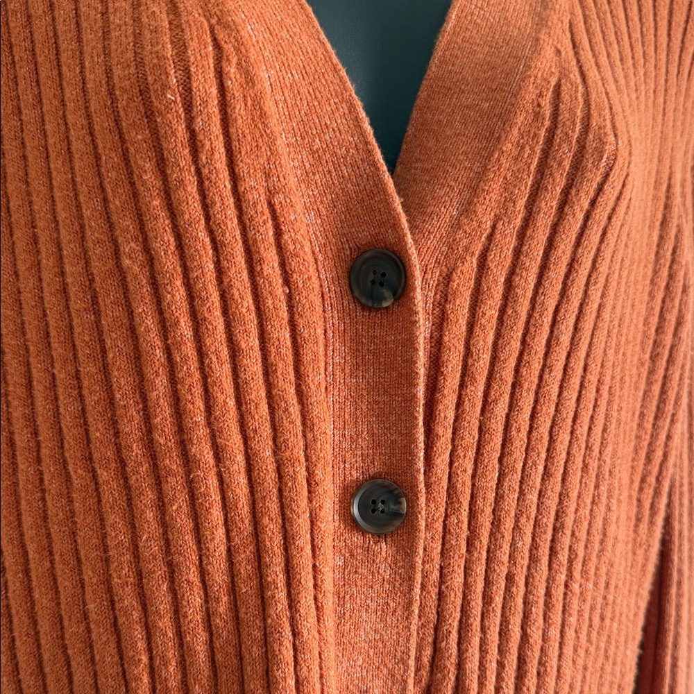 LOFT Ribbed Button-Front Cardigan in Rust Orange - Picture 2 of 4